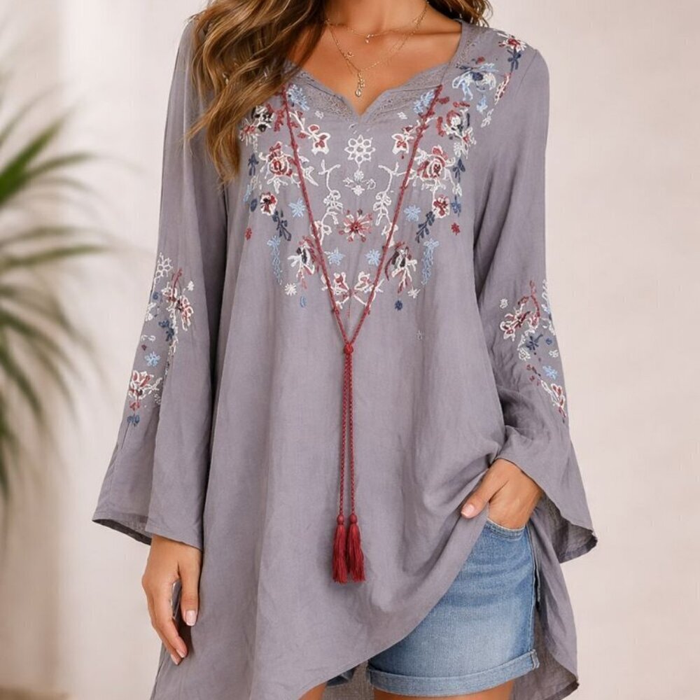 Cedar Rose Embroidered Floral Boho Tunic Top Women’s Small Long Sleeve - New